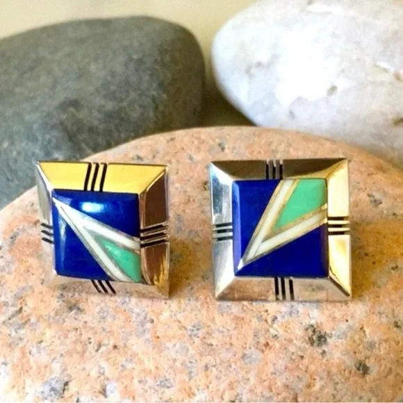 Vintage Gilbert Nelson Native American Lapis Turquoise Navajo Earrings - Picture 11 of 14